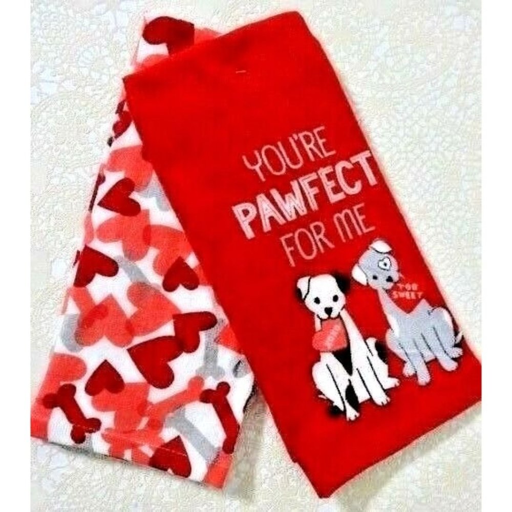 Valentine Dogs Hearts You're Pawfect for Me 2 Kitchen Towels Puppies Dog Bones